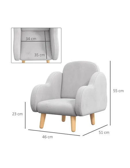 ZONEKIZ Kids Armchair Toddler Sofa Children Chair with Arm Rest, Wooden Frame, Velvet, PP Legs, Cloud Shape, for Ages 1.5-3 Year
