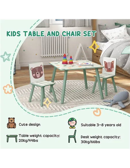 ZONEKIZ Kids and Table Chairs, Children Desk with Two Chairs, Toddler Furniture Set, for Ages 3-6 Years - Green