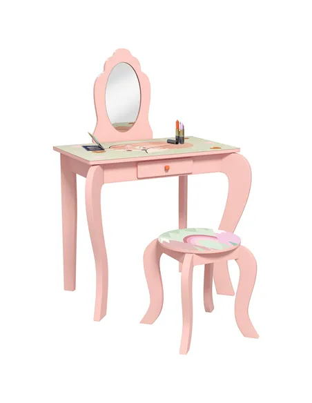 ZONEKIZ Kids Dressing Table with Mirror, Stool, Drawer, Cute Animal Design - Pink