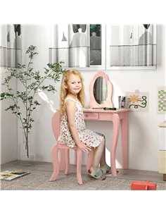 ZONEKIZ Kids Dressing Table with Mirror, Stool, Drawer, Cute Animal Design - Pink 2