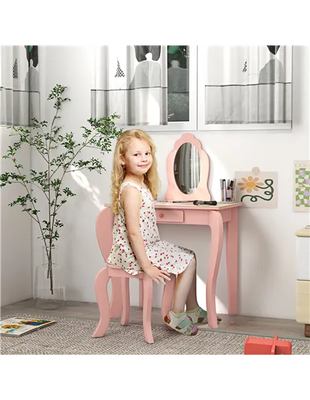 ZONEKIZ Kids Dressing Table with Mirror, Stool, Drawer, Cute Animal Design - Pink