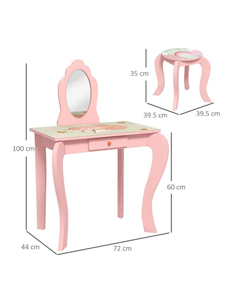 ZONEKIZ Kids Dressing Table with Mirror, Stool, Drawer, Cute Animal Design - Pink