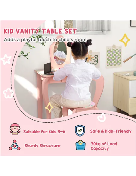 ZONEKIZ Kids Dressing Table with Mirror, Stool, Drawer, Cute Animal Design - Pink