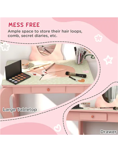 ZONEKIZ Kids Dressing Table with Mirror, Stool, Drawer, Cute Animal Design - Pink