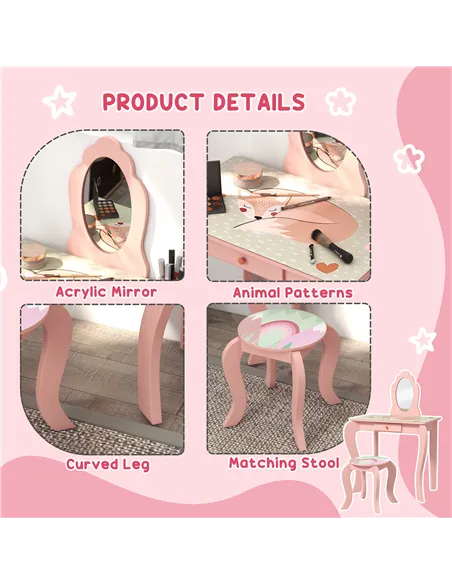 ZONEKIZ Kids Dressing Table with Mirror, Stool, Drawer, Cute Animal Design - Pink