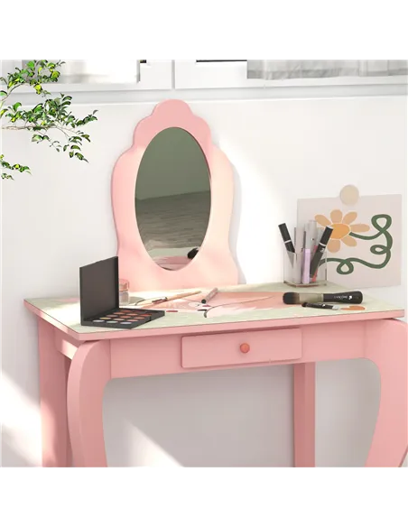 ZONEKIZ Kids Dressing Table with Mirror, Stool, Drawer, Cute Animal Design - Pink