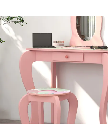 ZONEKIZ Kids Dressing Table with Mirror, Stool, Drawer, Cute Animal Design - Pink