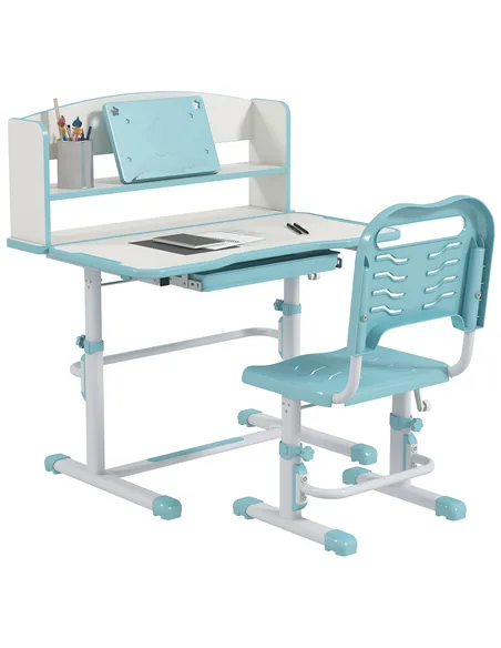 ZONEKIZ Height Adjustable Kids Study Table and Chair Set, with Drawer, Storage Shelf, 80 x 54.5 x 104 cm, Blue