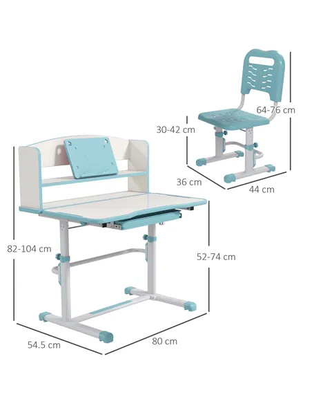 ZONEKIZ Height Adjustable Kids Study Table and Chair Set, with Drawer, Storage Shelf, 80 x 54.5 x 104 cm, Blue