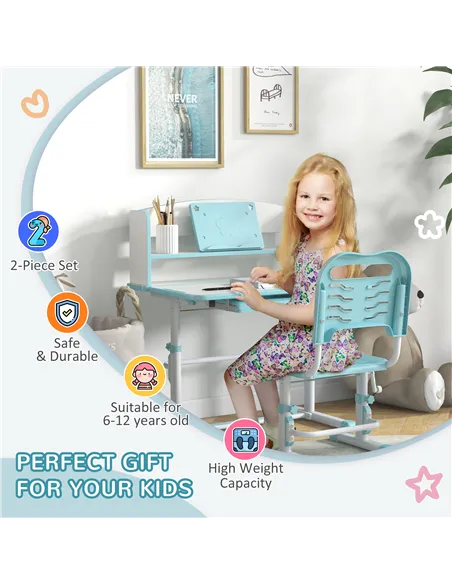 ZONEKIZ Height Adjustable Kids Study Table and Chair Set, with Drawer, Storage Shelf, 80 x 54.5 x 104 cm, Blue