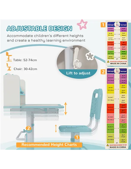 ZONEKIZ Height Adjustable Kids Study Table and Chair Set, with Drawer, Storage Shelf, 80 x 54.5 x 104 cm, Blue