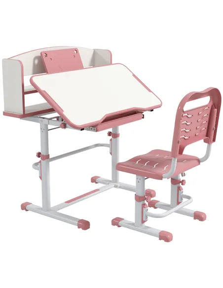 ZONEKIZ Height Adjustable Kids Study Table and Chair Set, with Drawer, Storage Shelf, 80 x 54.5 x 104 cm, Pink
