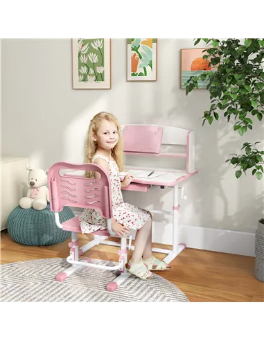 ZONEKIZ Height Adjustable Kids Study Table and Chair Set, with Drawer, Storage Shelf, 80 x 54.5 x 104 cm, Pink