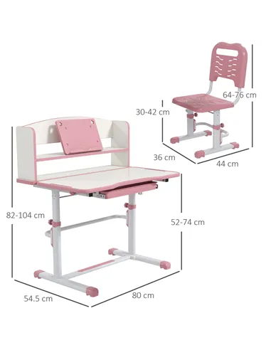 ZONEKIZ Height Adjustable Kids Study Table and Chair Set, with Drawer, Storage Shelf, 80 x 54.5 x 104 cm, Pink