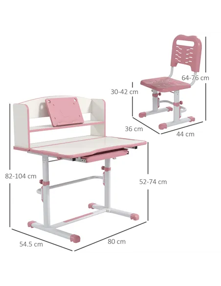 ZONEKIZ Height Adjustable Kids Study Table and Chair Set, with Drawer, Storage Shelf, 80 x 54.5 x 104 cm, Pink