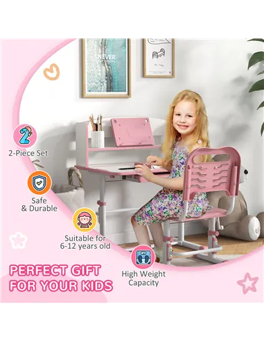 ZONEKIZ Height Adjustable Kids Study Table and Chair Set, with Drawer, Storage Shelf, 80 x 54.5 x 104 cm, Pink