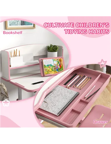 ZONEKIZ Height Adjustable Kids Study Table and Chair Set, with Drawer, Storage Shelf, 80 x 54.5 x 104 cm, Pink