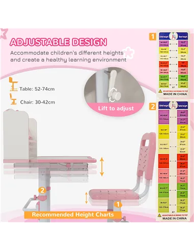 ZONEKIZ Height Adjustable Kids Study Table and Chair Set, with Drawer, Storage Shelf, 80 x 54.5 x 104 cm, Pink