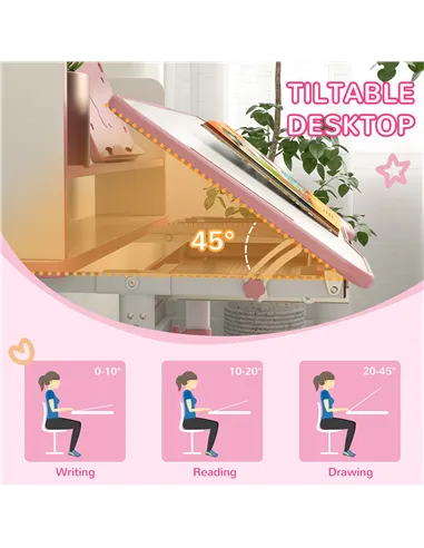 ZONEKIZ Height Adjustable Kids Study Table and Chair Set, with Drawer, Storage Shelf, 80 x 54.5 x 104 cm, Pink