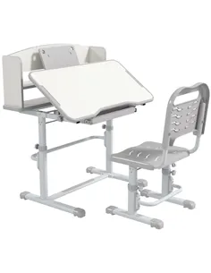 ZONEKIZ Height Adjustable Kids Study Table and Chair Set, with Drawer, Storage Shelf, 80 x 54.5 x 104 cm, Grey