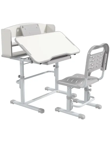 ZONEKIZ Height Adjustable Kids Study Table and Chair Set, with Drawer, Storage Shelf, 80 x 54.5 x 104 cm, Grey