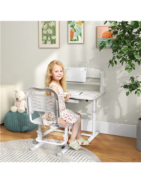 ZONEKIZ Height Adjustable Kids Study Table and Chair Set, with Drawer, Storage Shelf, 80 x 54.5 x 104 cm, Grey