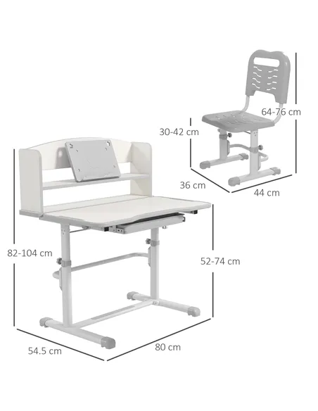 ZONEKIZ Height Adjustable Kids Study Table and Chair Set, with Drawer, Storage Shelf, 80 x 54.5 x 104 cm, Grey