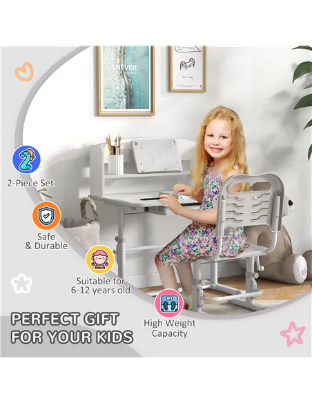ZONEKIZ Height Adjustable Kids Study Table and Chair Set, with Drawer, Storage Shelf, 80 x 54.5 x 104 cm, Grey