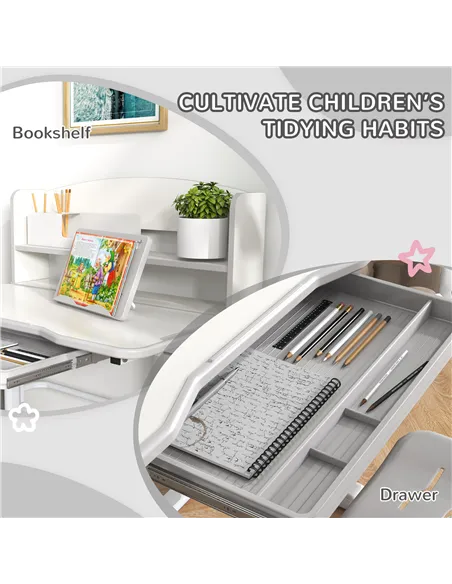 ZONEKIZ Height Adjustable Kids Study Table and Chair Set, with Drawer, Storage Shelf, 80 x 54.5 x 104 cm, Grey