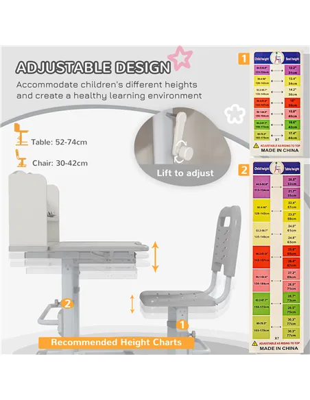 ZONEKIZ Height Adjustable Kids Study Table and Chair Set, with Drawer, Storage Shelf, 80 x 54.5 x 104 cm, Grey