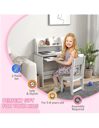 ZONEKIZ Two-Piece Kids Desk and Chair Set with Storage, for Ages 5-8 Years - Grey