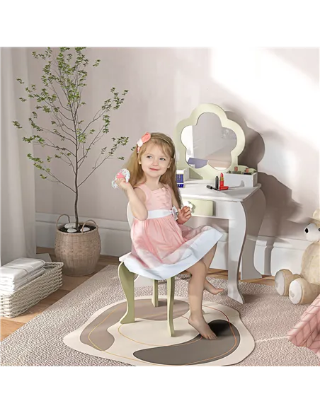 ZONEKIZ Kids Vanity Table with Mirror and Stool, Drawer, Storage Boxes, Flower Design, for Ages 3-6 Years - White
