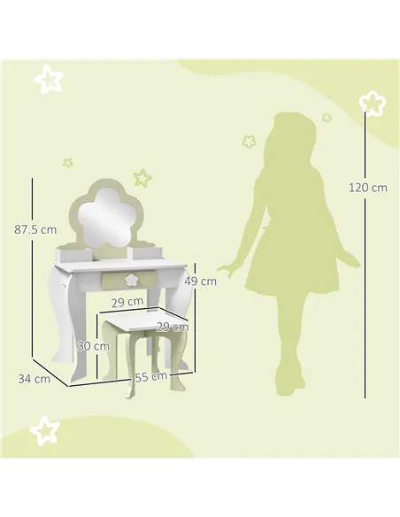 ZONEKIZ Kids Vanity Table with Mirror and Stool, Drawer, Storage Boxes, Flower Design, for Ages 3-6 Years - White