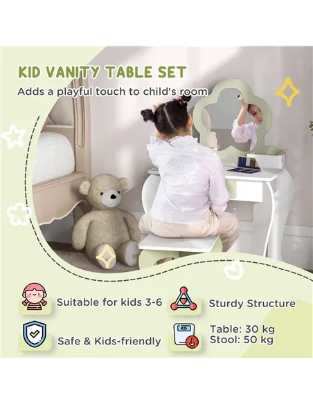 ZONEKIZ Kids Vanity Table with Mirror and Stool, Drawer, Storage Boxes, Flower Design, for Ages 3-6 Years - White