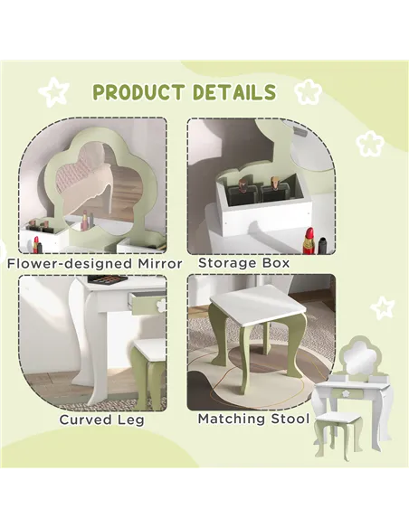 ZONEKIZ Kids Vanity Table with Mirror and Stool, Drawer, Storage Boxes, Flower Design, for Ages 3-6 Years - White