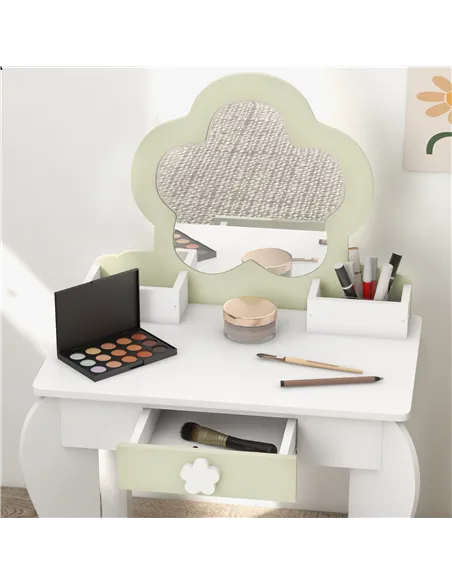 ZONEKIZ Kids Vanity Table with Mirror and Stool, Drawer, Storage Boxes, Flower Design, for Ages 3-6 Years - White