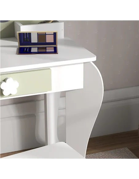ZONEKIZ Kids Vanity Table with Mirror and Stool, Drawer, Storage Boxes, Flower Design, for Ages 3-6 Years - White