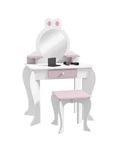 ZONEKIZ Bunny-Design Kids Dressing Table, with Mirror and Stool - White and Pink