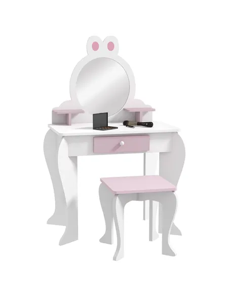 ZONEKIZ Bunny-Design Kids Dressing Table, with Mirror and Stool - White and Pink