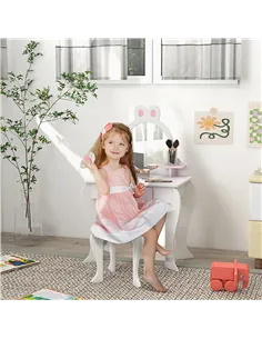 ZONEKIZ Bunny-Design Kids Dressing Table, with Mirror and Stool - White and Pink 2