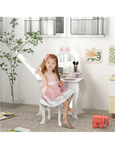 ZONEKIZ Bunny-Design Kids Dressing Table, with Mirror and Stool - White and Pink