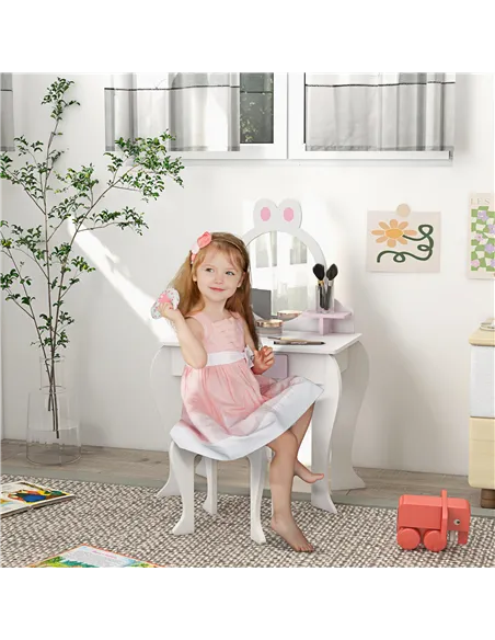 ZONEKIZ Bunny-Design Kids Dressing Table, with Mirror and Stool - White and Pink