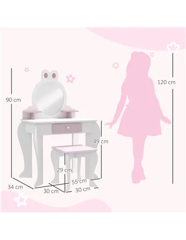 ZONEKIZ Bunny-Design Kids Dressing Table, with Mirror and Stool - White and Pink