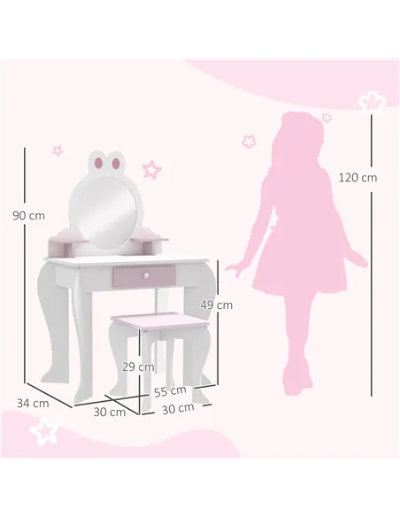ZONEKIZ Bunny-Design Kids Dressing Table, with Mirror and Stool - White and Pink
