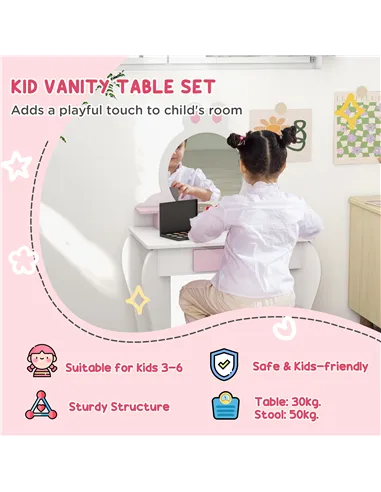 ZONEKIZ Bunny-Design Kids Dressing Table, with Mirror and Stool - White and Pink