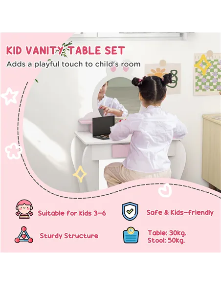 ZONEKIZ Bunny-Design Kids Dressing Table, with Mirror and Stool - White and Pink