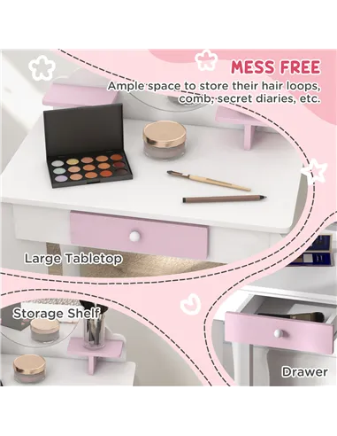 ZONEKIZ Bunny-Design Kids Dressing Table, with Mirror and Stool - White and Pink