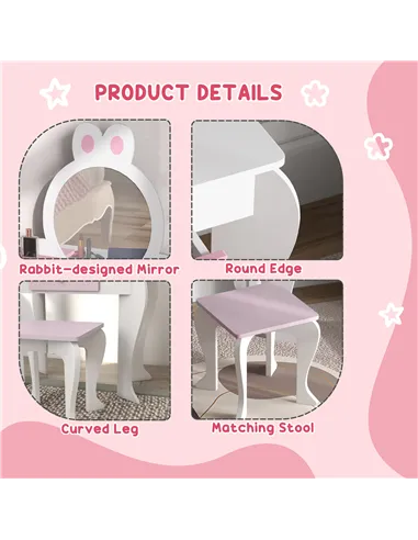 ZONEKIZ Bunny-Design Kids Dressing Table, with Mirror and Stool - White and Pink