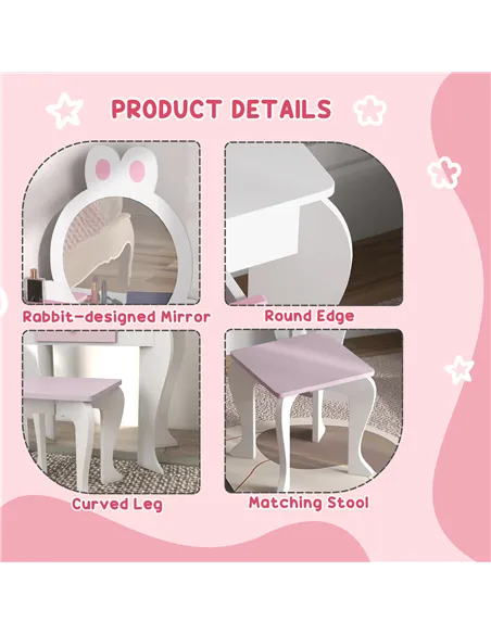 ZONEKIZ Bunny-Design Kids Dressing Table, with Mirror and Stool - White and Pink