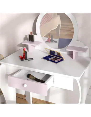 ZONEKIZ Bunny-Design Kids Dressing Table, with Mirror and Stool - White and Pink